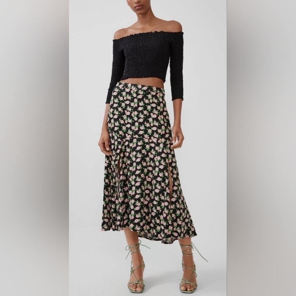 Zara Floral Midi Skirt Black Pink Romantic Cottagecore XS